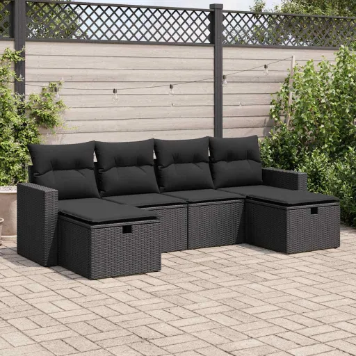 Conjunto Sofás de Jardim c/ Almofadões Vime PE Preto (6 pcs)