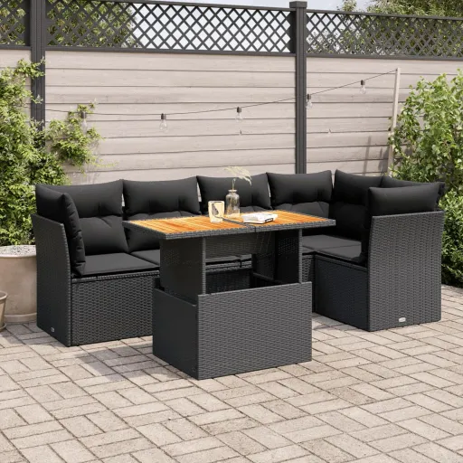 Conjunto Sofás de Jardim c/ Almofadões Vime PE Preto (6 pcs)