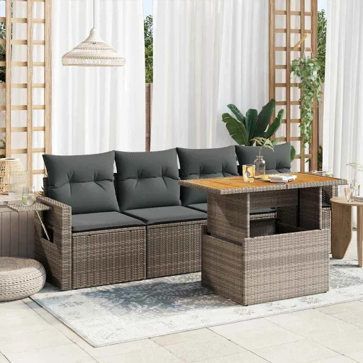 Conjunto Sofás de Jardim c/ Almofadões Vime PE Cinzento (5 pcs)