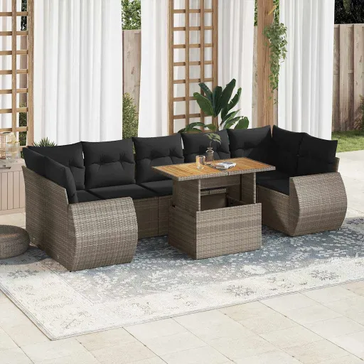 Conjunto Sofás de Jardim c/ Almofadões Vime PE Cinzento (8 pcs)