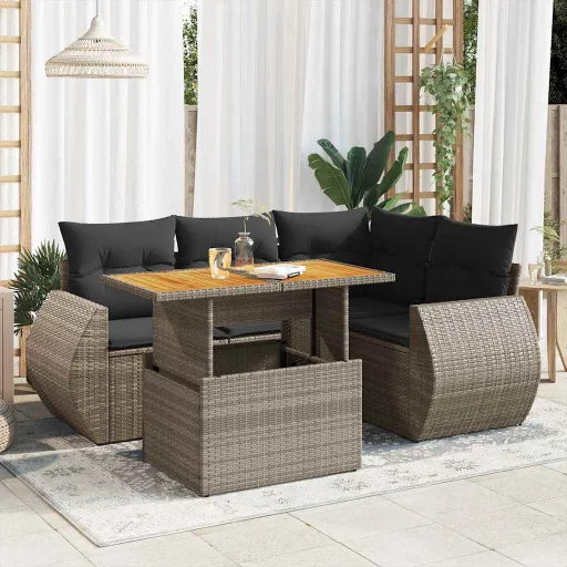 Conjunto Sofás de Jardim c/ Almofadões Vime PE Cinzento (5 pcs)