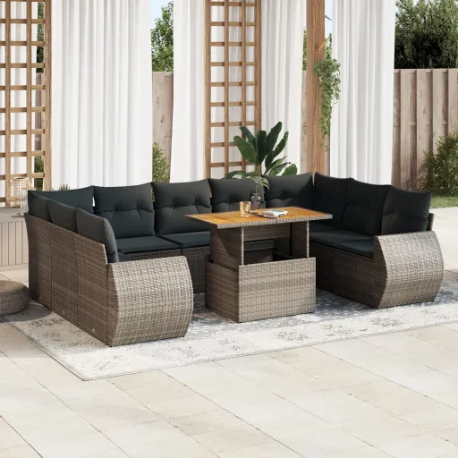 Conjunto Sofás de Jardim c/ Almofadões Vime PE Cinzento (10 pcs)