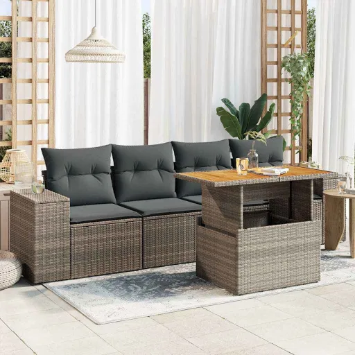 Conjunto Sofás de Jardim c/ Almofadões Vime PE Cinzento (5 pcs)