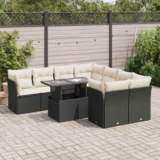 Conjunto de Sofás p/ Jardim c/ Almofadões Vime PE Preto (9 pcs)