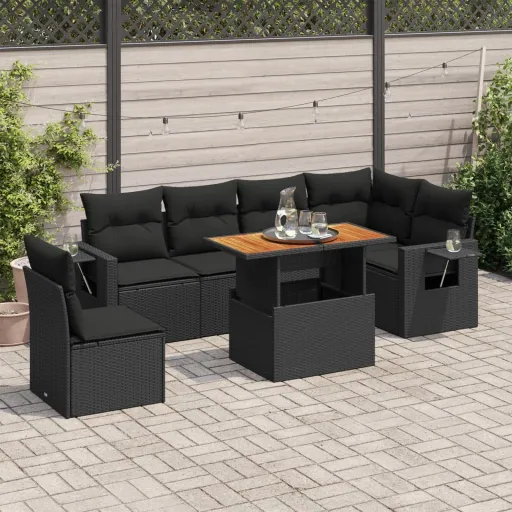 Conjunto de Sofás p/ Jardim c/ Almofadões Vime PE Preto (7 pcs)