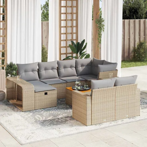 Conjunto Sofás de Jardim c/ Almofadões Vime PE Bege (11 pcs)
