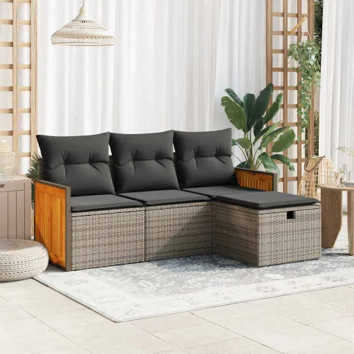 Conjunto Sofás de Jardim c/ Almofadões Vime PE Cinzento (4 pcs)