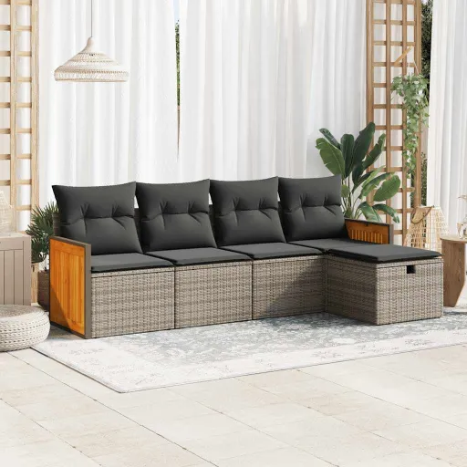 Conjunto Sofás de Jardim c/ Almofadões Vime PE Cinzento (5 pcs)