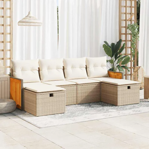 Conjunto de Sofás p/ Jardim com Almofadões Vime PE Bege (6 pcs)