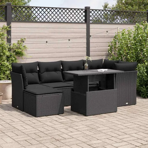 Conjunto de Sofás p/ Jardim c/ Almofadões Vime PE Preto (7 pcs)