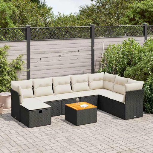 Conjunto de Sofás p/ Jardim c/ Almofadões Vime PE Preto (9 pcs)