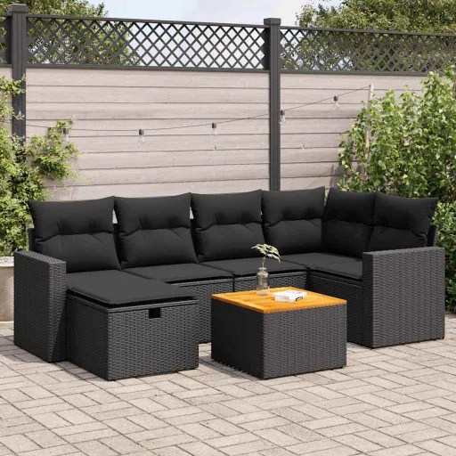 Conjunto de Sofás p/ Jardim c/ Almofadões Vime PE Preto (7 pcs)