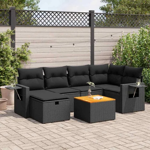 Conjunto de Sofás p/ Jardim c/ Almofadões Vime PE Preto (7 pcs)
