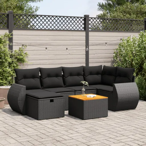 Conjunto de Sofás p/ Jardim c/ Almofadões Vime PE Preto (7 pcs)