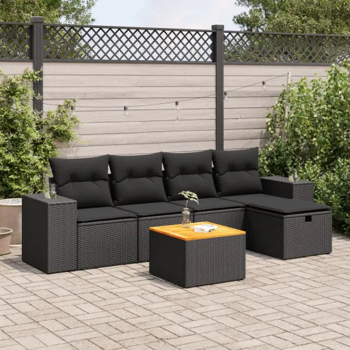 Conjunto Sofás de Jardim c/ Almofadões Vime PE Preto (6 pcs)