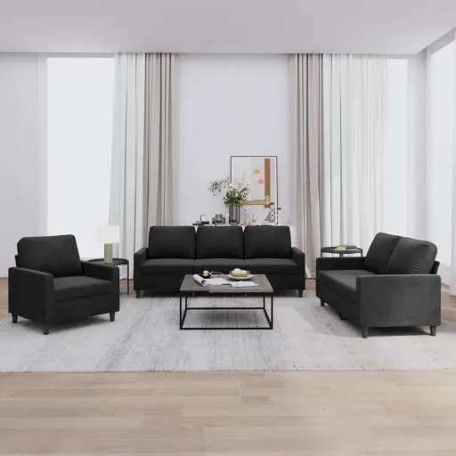 Conjunto de Sofás com Almofadões Veludo Preto (3 pcs)