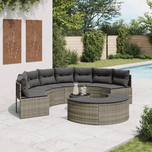 Conjunto de Sofás de Jardim Semicircular Vime PE Cinzento (3 pcs)