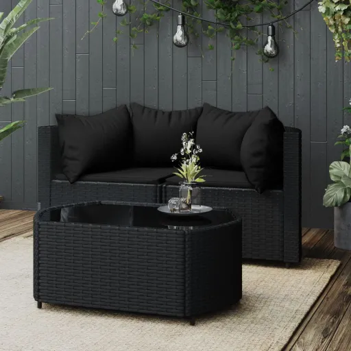Conjunto Lounge de Jardim c/ Almofadões Vime PE Preto (3 pcs)