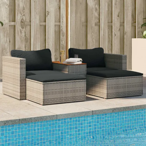 Conjunto Sofás de Jardim c/ Almofadões Acácia e Vime PE (5 pcs)