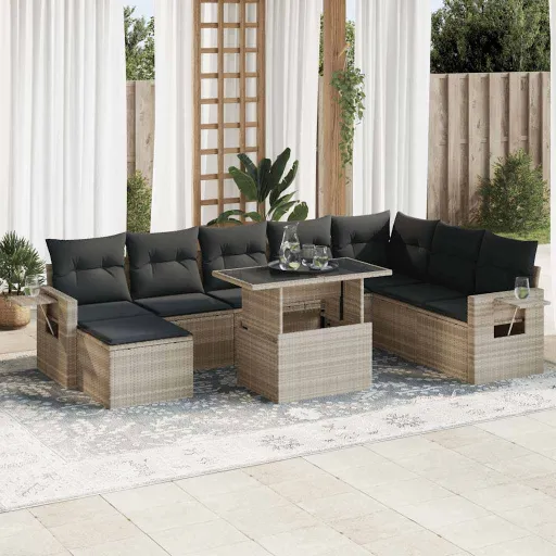 Conj. Sofás Jardim com Almofadões Vime PE Cinzento-Claro (9 pcs)