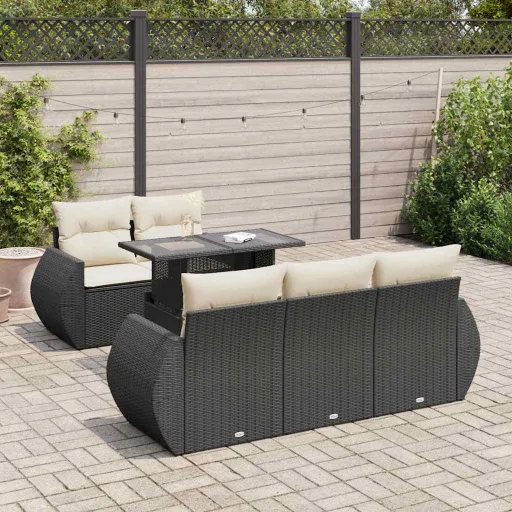 Conjunto Sofás de Jardim c/ Almofadões Vime PE Preto (6 pcs)