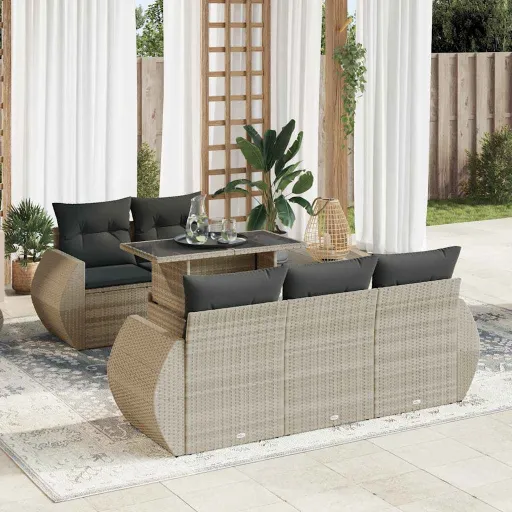 Conj. Sofás Jardim com Almofadões Vime PE Cinzento-Claro (6 pcs)