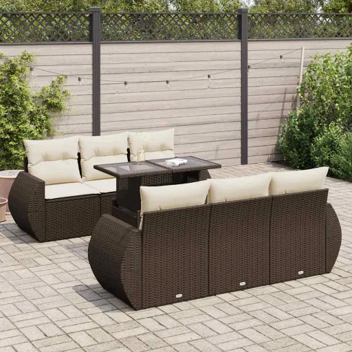 Conjunto de Sofás Jardim c/ Almofadões Vime PE Castanho (7 pcs)