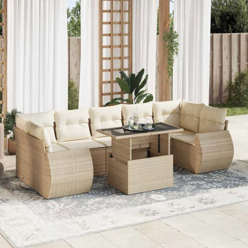 Conjunto de Sofás p/ Jardim com Almofadões Vime PE Bege (8 pcs)
