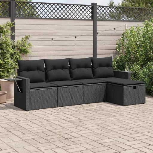 Conjunto Sofás de Jardim com Almofadões Vime PE Preto (5 pcs)