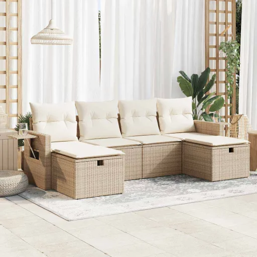 Conjunto de Sofás p/ Jardim com Almofadões Vime PE Bege (6 pcs)