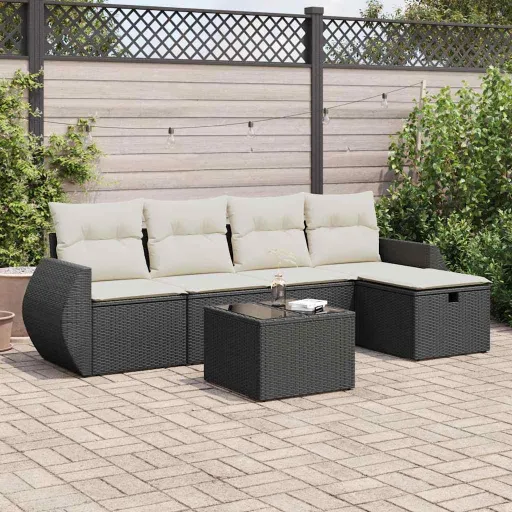 Conjunto Sofás de Jardim c/ Almofadões Vime PE Preto (6 pcs)