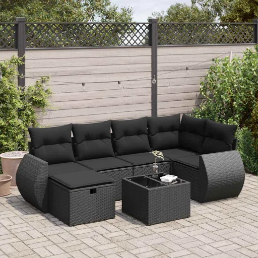 Conjunto de Sofás p/ Jardim c/ Almofadões Vime PE Preto (7 pcs)