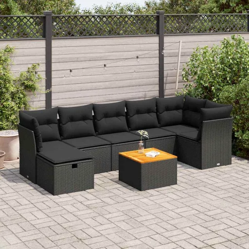 Conjunto Sofás de Jardim com Almofadões Vime PE Preto (8 pcs)