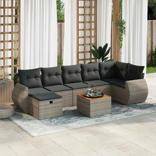Conjunto Sofás de Jardim c/ Almofadões Vime PE Cinzento (8 pcs)