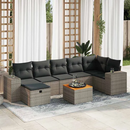 Conjunto Sofás de Jardim c/ Almofadões Vime PE Cinzento (8 pcs)