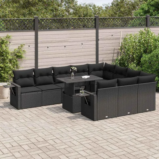 Conjunto Sofás de Jardim c/ Almofadões Vime PE Preto (11 pcs)