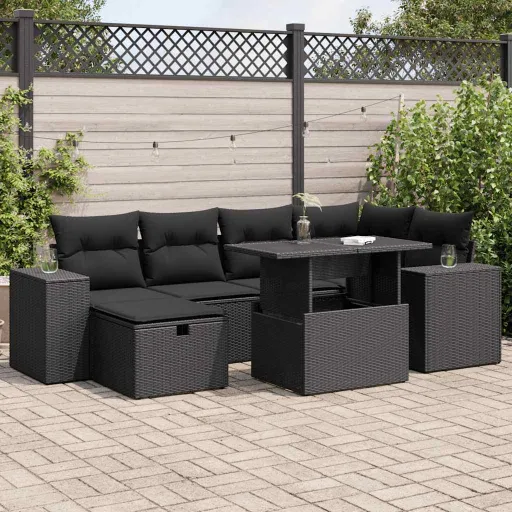 Conjunto Sofás de Jardim com Almofadões Vime PE Preto (8 pcs)