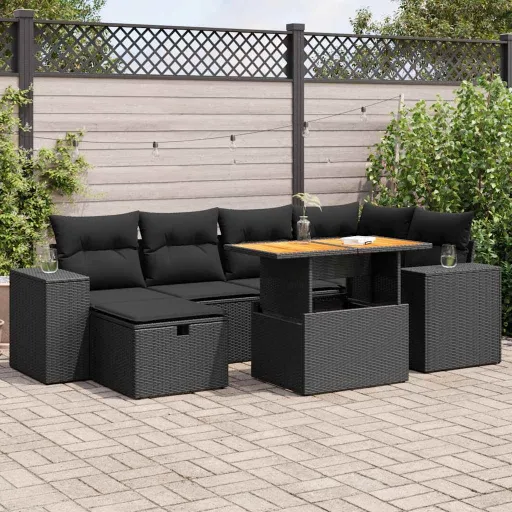 Conjunto Sofás Jardim com Almofadões Vime PE/Acácia Preto (8 pcs)