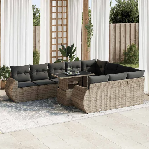 Conjunto Sofás de Jardim c/ Almofadões Vime PE Cinzento (11 pcs)
