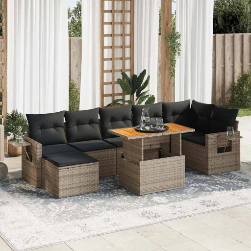 Conjunto Sofás de Jardim c/ Almofadões Vime PE Cinzento (8 pcs)
