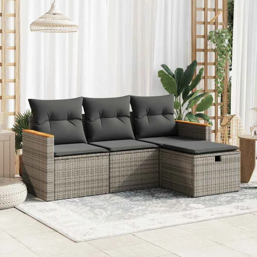 Conjunto Sofás de Jardim c/ Almofadões Vime PE Cinzento (4 pcs)