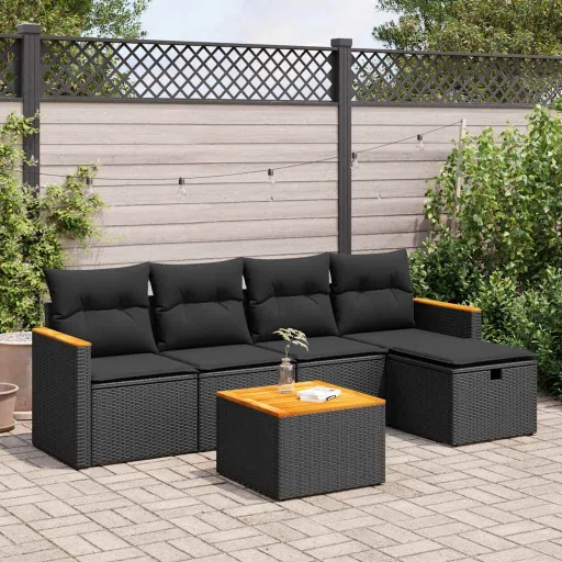 Conjunto Sofás de Jardim c/ Almofadões Vime PE Preto (6 pcs)