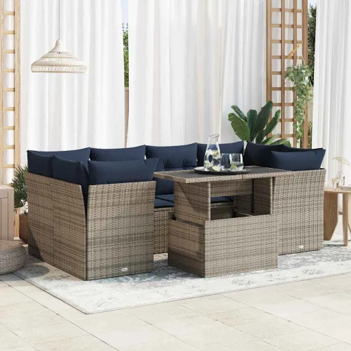 Conjunto Sofás Jardim Almofadões Vime PE/Acácia Cinzento (7 pcs)