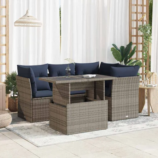 Conjunto Sofás de Jardim c/ Almofadões Acácia e Vime PE (5 pcs)