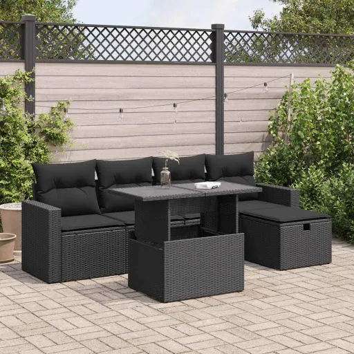 Conjunto Sofás de Jardim c/ Almofadões Vime PE Preto (6 pcs)