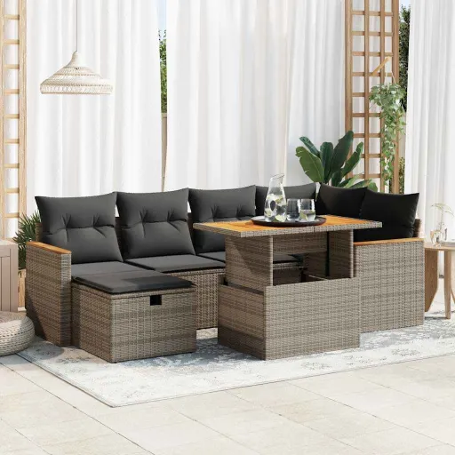 Conjunto Sofás de Jardim c/ Almofadões Vime PE Cinzento (8 pcs)