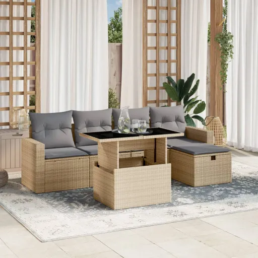 Conjunto de Sofás p/ Jardim com Almofadões Vime PE Bege (6 pcs)