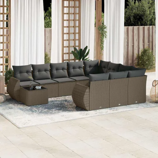 Conjunto Sofás de Jardim c/ Almofadões Vime PE Cinzento (11 pcs)