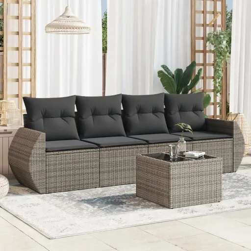 Conjunto Sofás de Jardim c/ Almofadões Vime PE Cinzento (5 pcs)