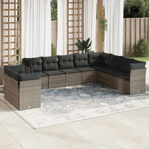 Conjunto Sofás de Jardim c/ Almofadões Vime PE Cinzento (10 pcs)